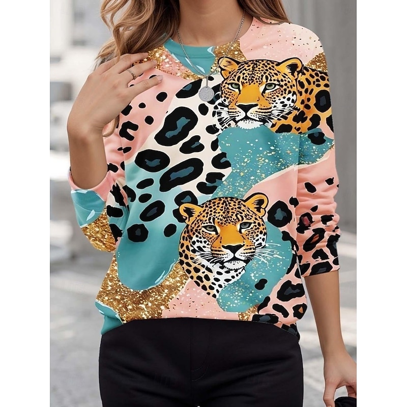 Women's Pullover Sweatshirts Animal Leopard Active Cute Classic Long Sleeve Crew Neck Round Neck Regular Tops Home Work Dailywear Print Pink Summer Spring Fall Spring, Fall, Winter, Summer