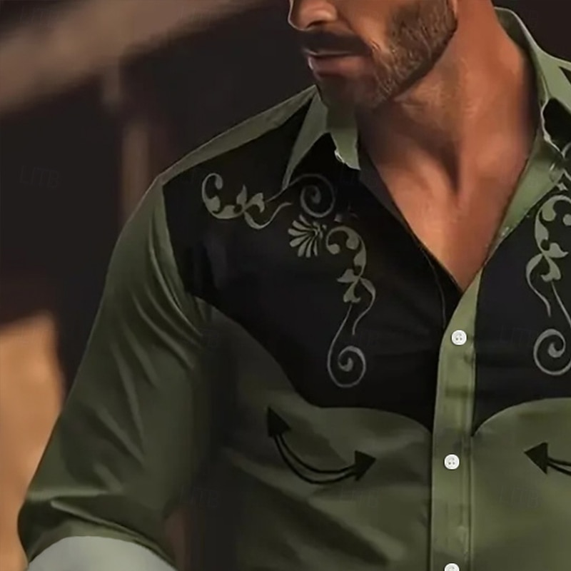 Men's Floral Print Ethnic Scrollwork Shirt Western Shirt Cowboy Shirt Long Sleeve Vintage Retro Outdoor Vacation Spring Fall Turndown 3D Print Linen Like Shirt Army Green2