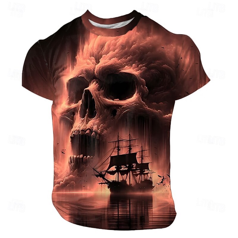 Halloween Men's Skull Optical Illusion 3D T Shirt Short Sleeve T shirt 3D Print Crew Neck Shirt Exaggerated Designer Horror Party Street Holiday Rust Red Yellow Blue Summer Spring All Seasons4