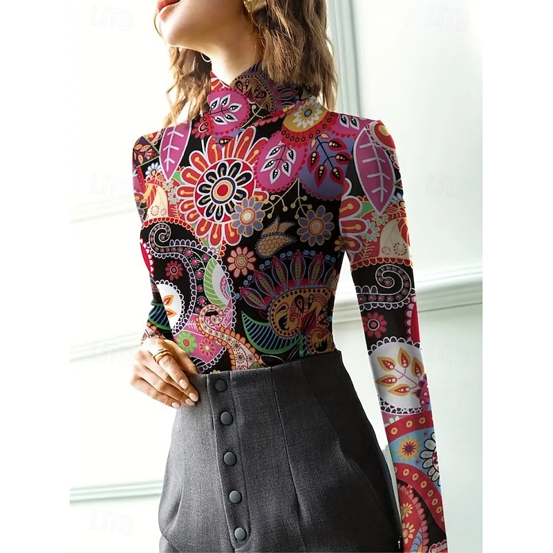 Women's Tunic Floral Elegant Bohemia Vintage Long Sleeve Turtleneck High Neck Regular Tops Going out Black Fuchsia Green Fall Winter4
