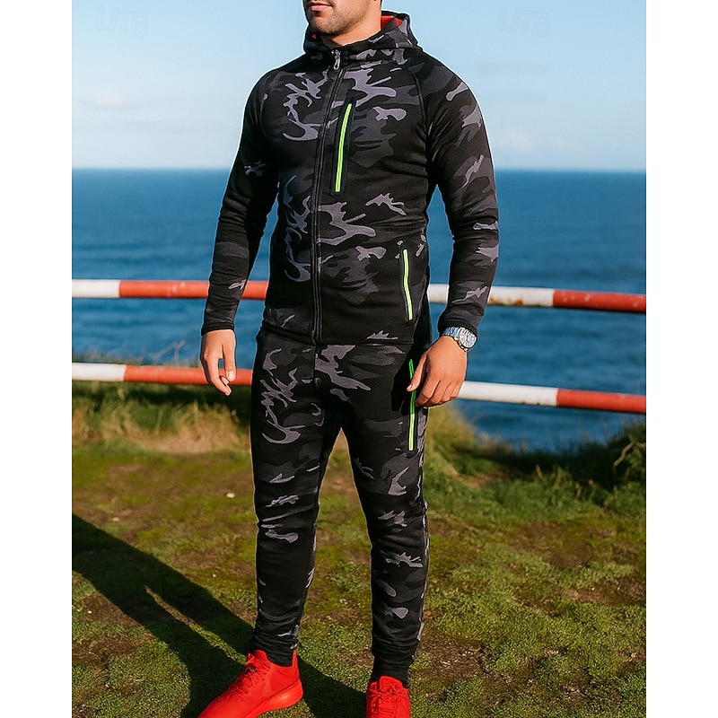 Men's Tracksuit Jogging Suit Sweatsuit Sets Zip Up Hooded Camouflage Clothing Suit Fall & Winter Dark Gray Light Grey Outdoor Travel Sports Long Sleeve Sport Activewear Micro-elastic Regular Fit4