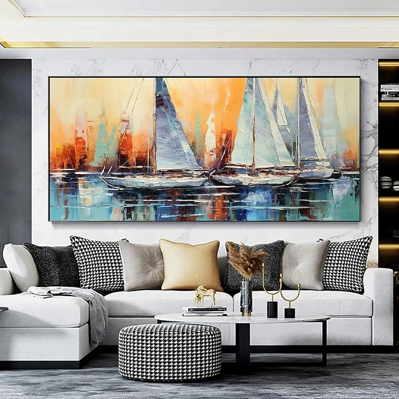 Sailboat painting Handmade 3D Oil Painting Sailboat Marina Scene with Vibrant Color Palette and Impasto Brushwork for Unique Wall Art Home Decor Crafted with Precision and Artistic Vision4