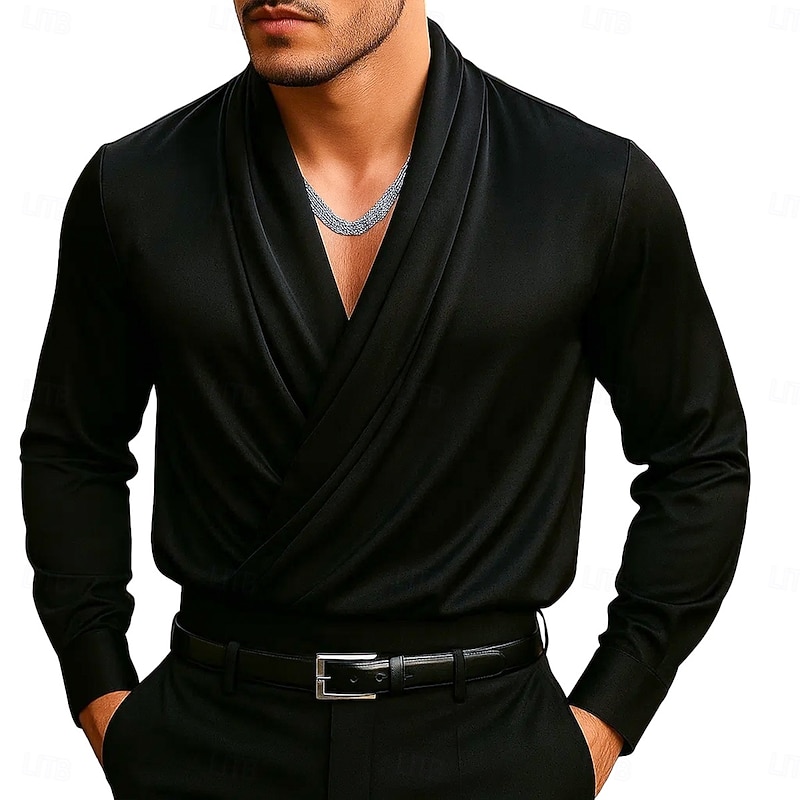 Men's Shirt Silk Like Satin Shirt Dress Shirt Casual Shirt Prom Shirt Plain Formal Wedding Black White Long Sleeve Shawl Collar All Seasons Clothing Apparel4