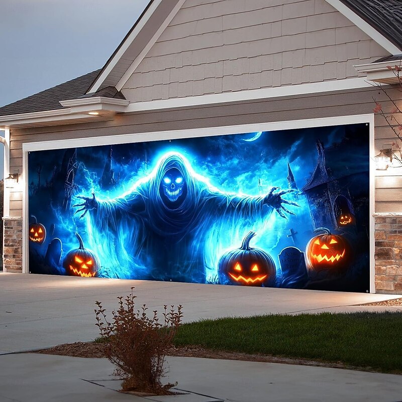 Halloween Garage Door Cover Large Hanging Backdrop Pumpkin Ghost Dark Punk Gothic Style Party Outdoor Shooting Backgrounds Yard Haunted House Home Decor3