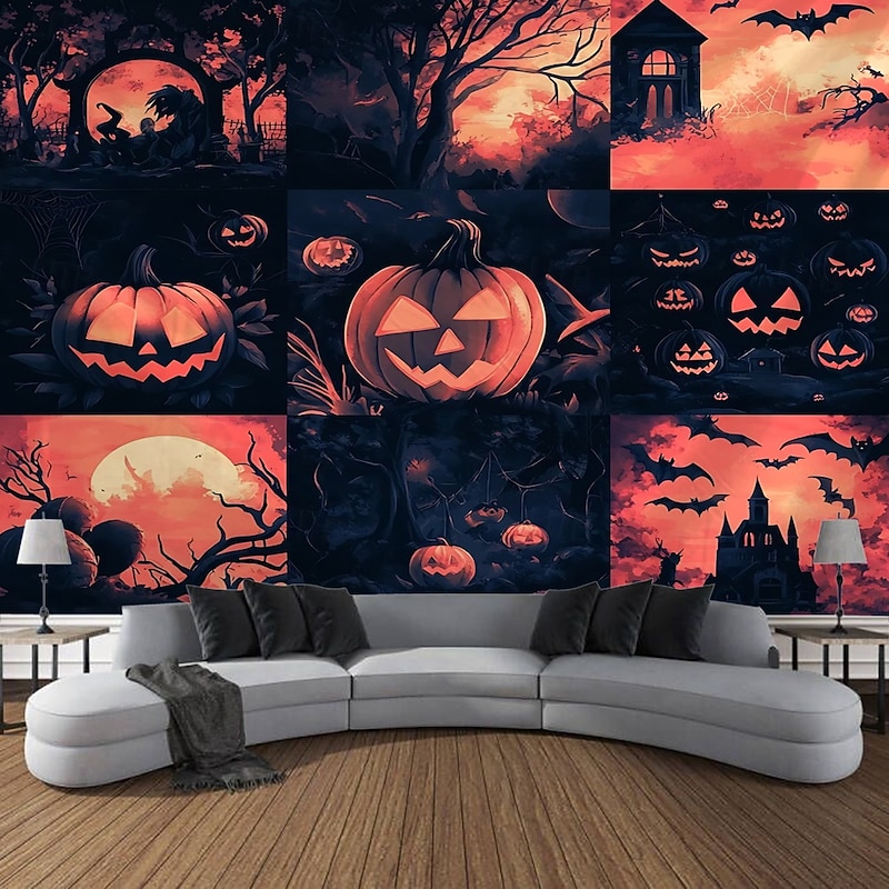 Halloween Tapestry Photo Backdrop, Crow and Pumpkin Pattern Wall Hanging, Decorative Large Mural for Bedroom, Living Room, Party, and Home Decoration2