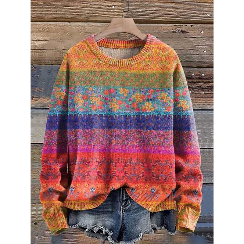 Women's Sweater Casual Soft Floral Graphic Ribbed Crew Neck Knitted Print Long Sleeve Regular Tops Knit Outdoor Daily Weekend Pink Fuchsia Fall Winter