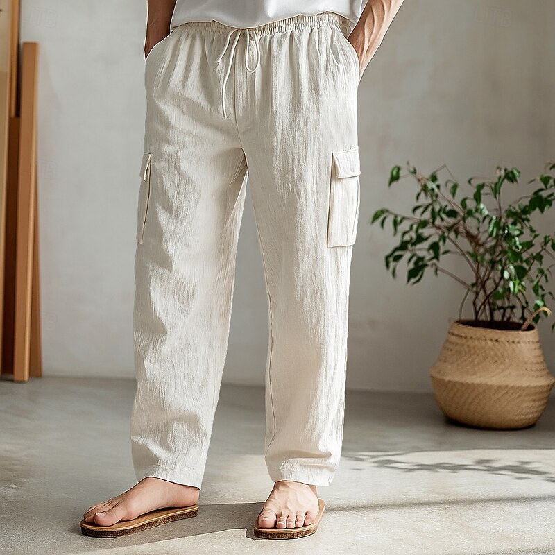 Men's Cargo Pants Trousers Summer Pants Beach Pants Drawstring Elastic Waist Multi Pocket Plain Comfort Soft Full Length Outdoor Daily Holiday Vacation Fashion Loose Fit Black White Inelastic2