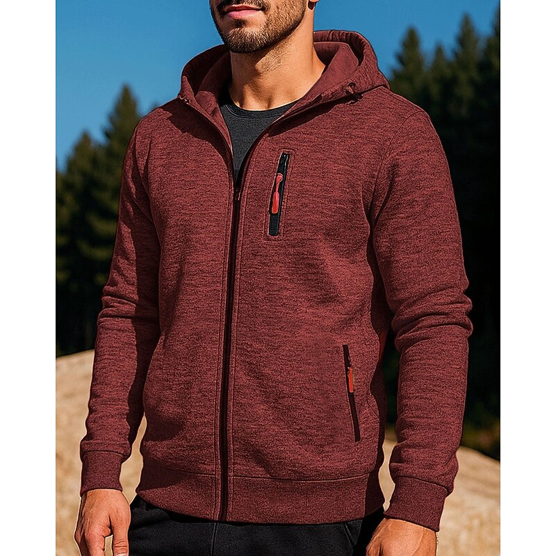 Men's Outdoor Jacket Hooded Jacket Pocket Full Zip Long Sleeve Top Athleisure Fall Solid Colored Windproof Workout Outdoor Training Sportswear Activewear Black Red Blue4