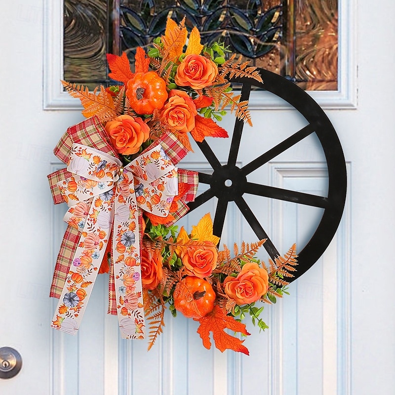 Fall Wreath For Front Door Thanksgiving Indoor Outdoor Decoration Pumpkin Wheel Harvest Festival Autumn Home Hanging Door Decor Seasonal Party Ornament