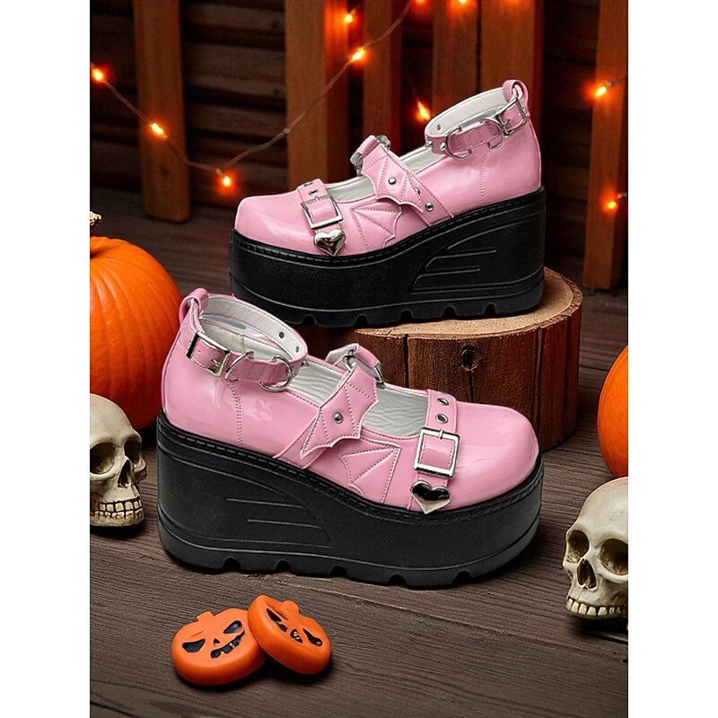 Women's Pink Platform Mary Jane Shoes – Gothic Punk Heart Buckle Bat Wing Details, Chunky Wedge Heel, Patent Faux Leather Footwear for Halloween, Cosplay and Alternative Fashion Events