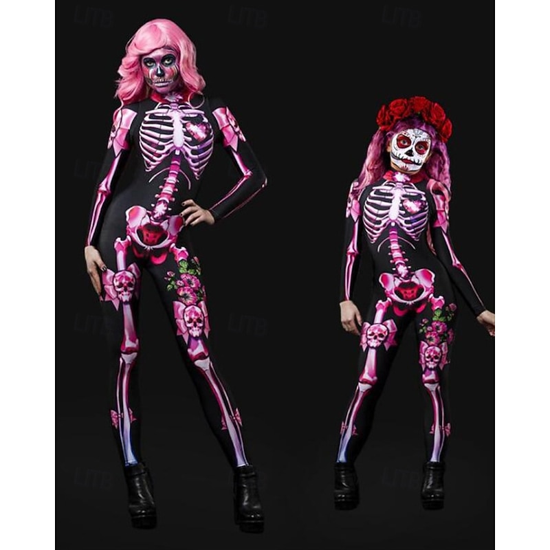Mommy and Me Halloween Jumpsuit Floral Skull Street Print Black Pink Long Sleeve Active Matching Outfits
