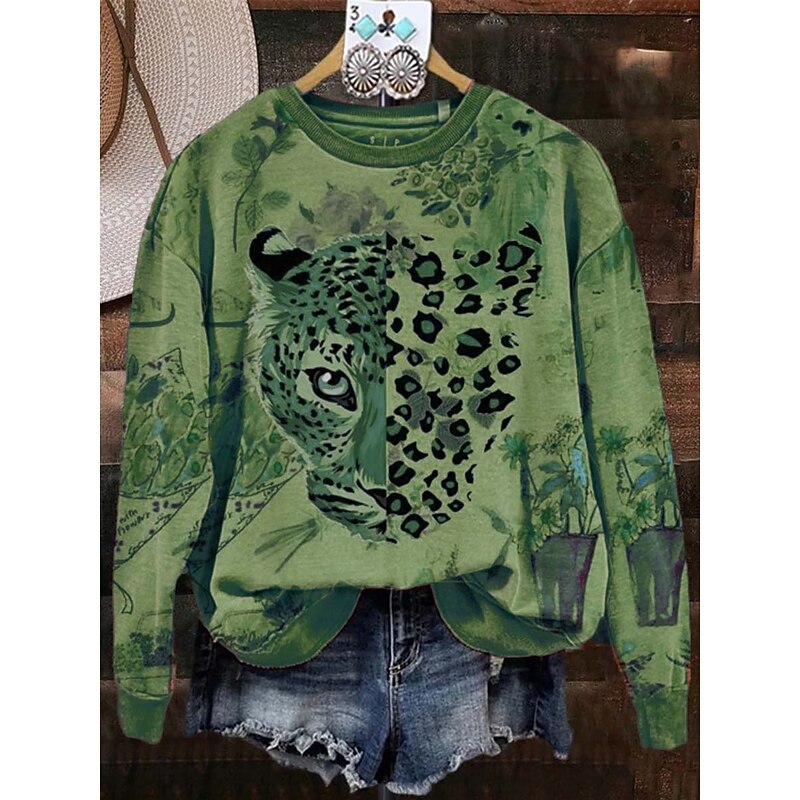 Women's Sweatshirts Graphic Leopard Casual Long Sleeve Crew Neck Regular Tops Street Dailywear Casual Print Purple Orange Green Spring Fall Winter3