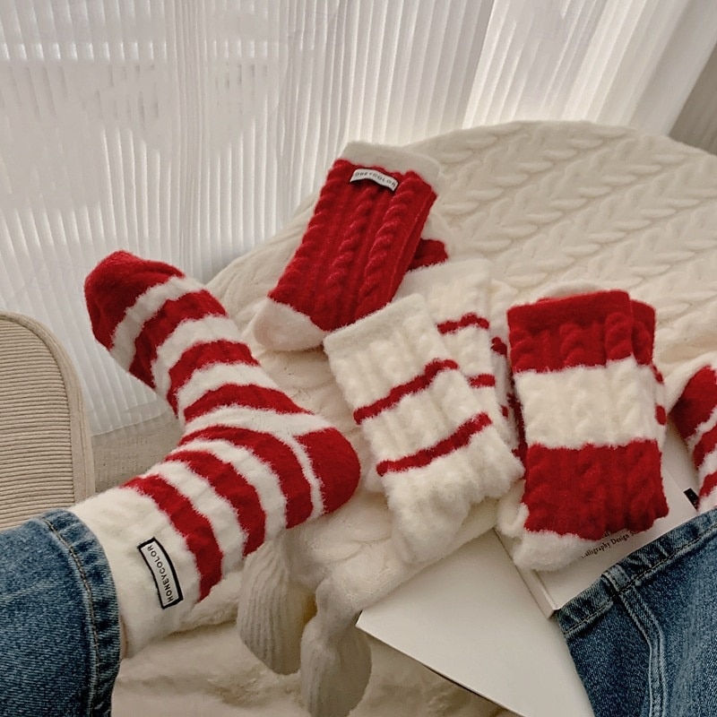 Winter Thermal Socks for Women, Thick Fuzzy Cotton Crew Socks with Plush Lining, Warm Red Striped Indoor Floor Socks, Cozy Home Sleep Socks for Cold Weather3