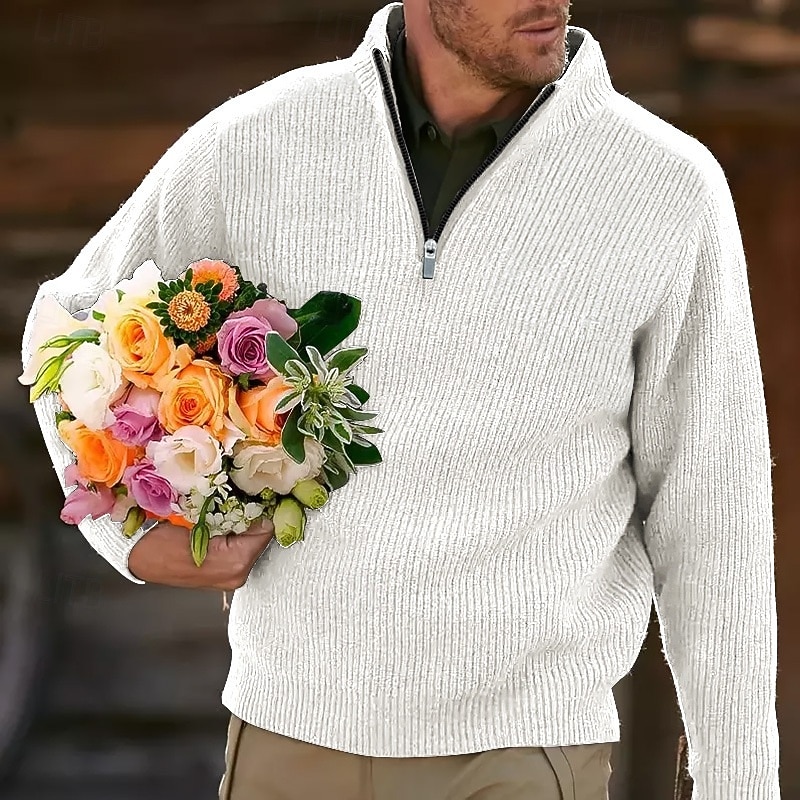Men's Sweater Pullover Sweater Jumper Quarter Zip Pullover Sweater Ribbed Knit Regular Tops Knitted Slim Fit Plain High Neck Knitwear Contemporary Casual Daily Wear Clothing Apparel Fall Black White2
