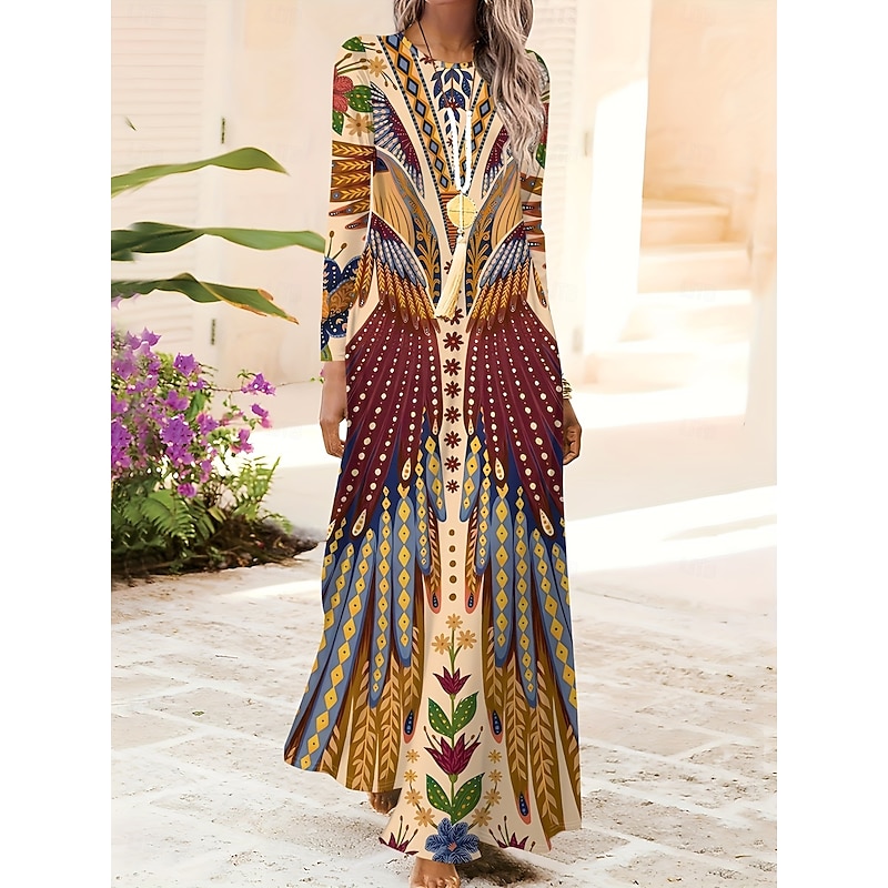 Women's Maxi Dress Sheath Dress A Line Dress Casual Boho Wedding Guest Beach Regular Fit Floral Graphic Bird Long Sleeve Crew Neck Yellow Spring Fall Winter