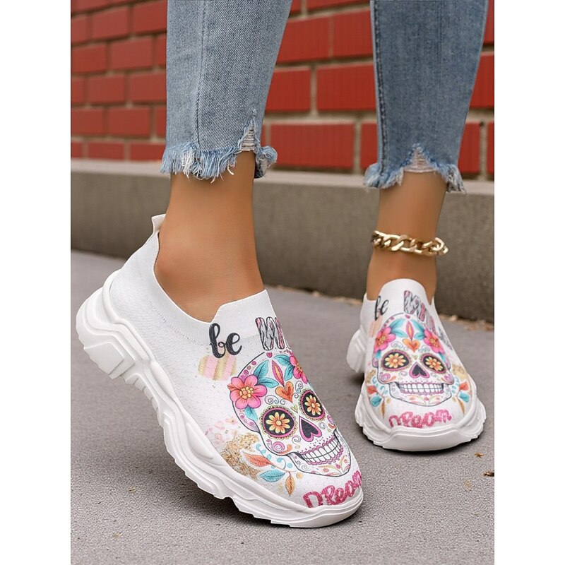Women's Flyknit Slip-On Sneakers with Colorful Sugar Skull Print – Comfortable Casual Shoes for Halloween, Day of the Dead & Fall Parties3