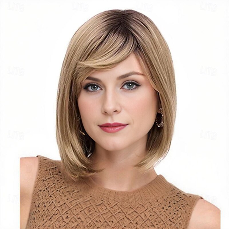 Women's Medium Straight Blonde Bob Wig with Dark Roots – Heat-Resistant Synthetic Hair for Cosplay, Halloween & Everyday Wear2