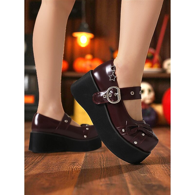 Women's Black Platform Mary Jane Shoes with Studs and Bow – Gothic Lolita Style Flats for Halloween, Cosplay and Alternative Fashion Lovers3