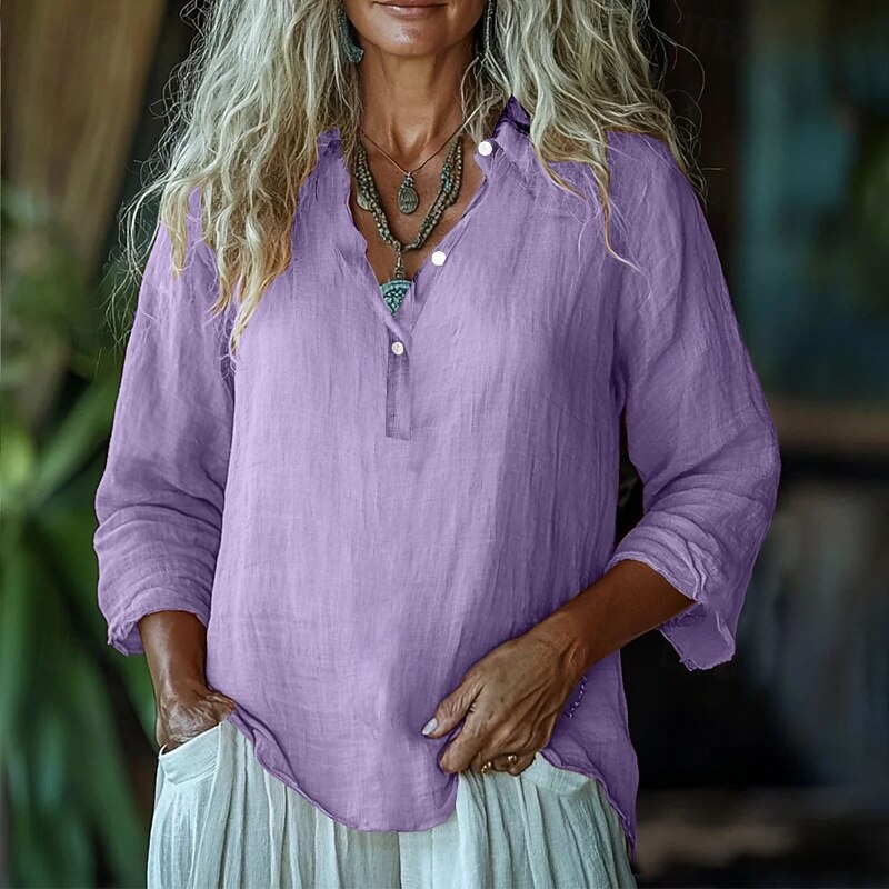 Women's Shirt Blouse Plain Modern Casual Long Sleeve V Neck Regular Tops Daily Holiday Buttons White Pink Purple Green Fall4