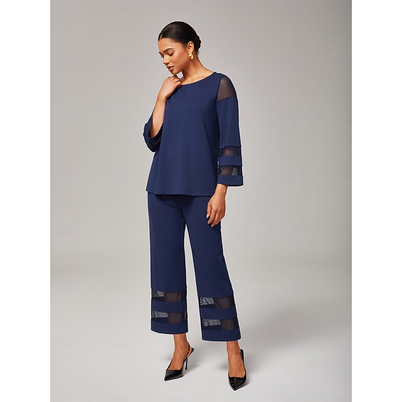 Women's Dark Blue Modal Cropped Pants with Sheer Chiffon Hem Elastic Waist Loose Fit Comfortable Stylish Daily Work Fall3