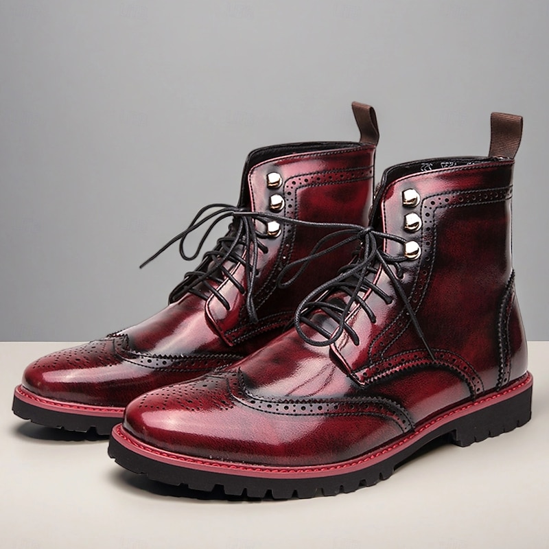 Men's Burgundy Faux Leather Combat Boots with Brogue Detailing – Durable Lace-Up Style for Casual Wear, Outdoor Walking, and Fashion Outfits