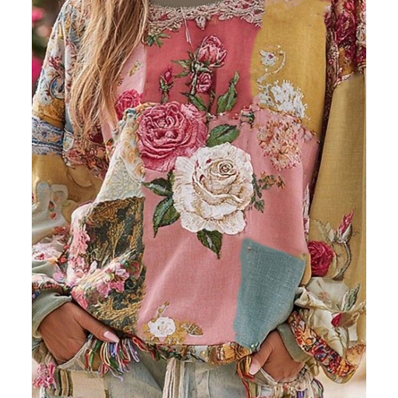 Women's 3D Print Vintage Boho Hoodie Patchwork Hoodie Sweatshirt Floral Pullover Sweatshirt Warm Active Vintage Long Sleeve Tops Street Dailywear Patchwork Yellow Red Blue Orange Spring Fall Winter4