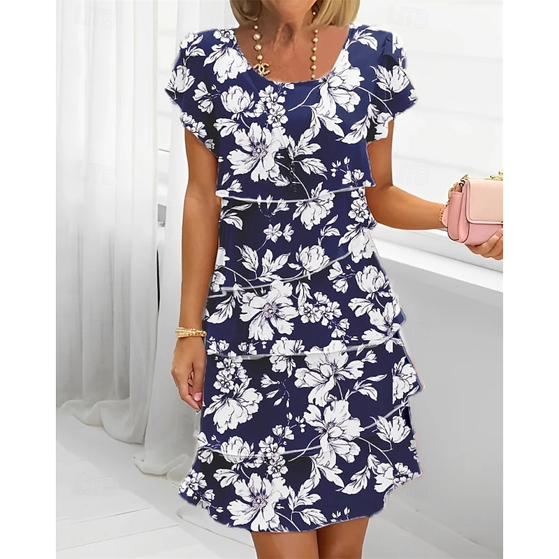 Women's Mini Dress Casual Dress Chiffon Dress Summer Dress Fashion Modern Daily Beach Weekend Regular Fit Flower Short Sleeve Crew Neck Pink Blue Lavender Dark Blue Summer Spring3