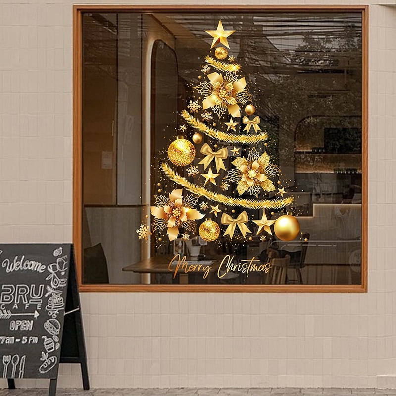 Christmas Window Clings Xmas Wall Sticker Set Holiday Decorations Gold Christmas Tree Balloon Static Clings Reusable Non Adhesive Festive Home Party Window Decor for Seasonal Fun2