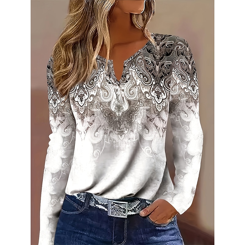 Women's T Shirt Graphic Plants Tribal Vintage Stylish Classic Long Sleeve V Neck Notched Neck Regular Tops Daily Weekend Print Light Grey Spring Fall Winter