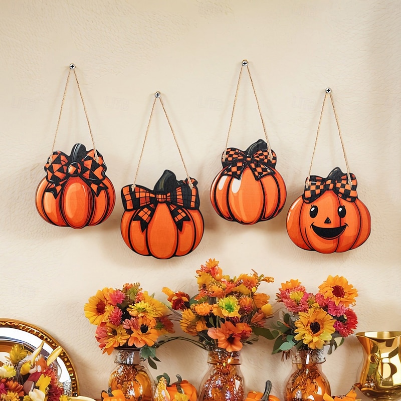 4PCS Wooden Smiling Pumpkin Decorative Hanging Ornaments Suitable for Halloween and Autumn Party Decoration Wall Decoration Door and Window Decoration Applicable Both Indoors and Outdoors