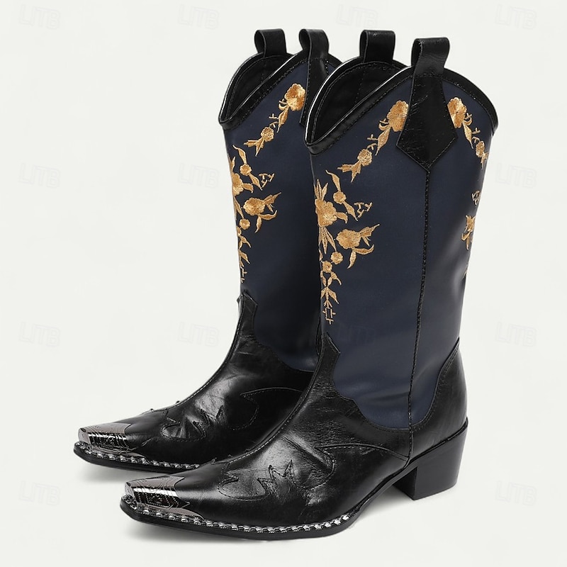 Men's Navy and Black Cowboy Boots with Gold Embroidery – Elegant Western Boots for Stage Performances, Country Celebrations and Themed Parties2