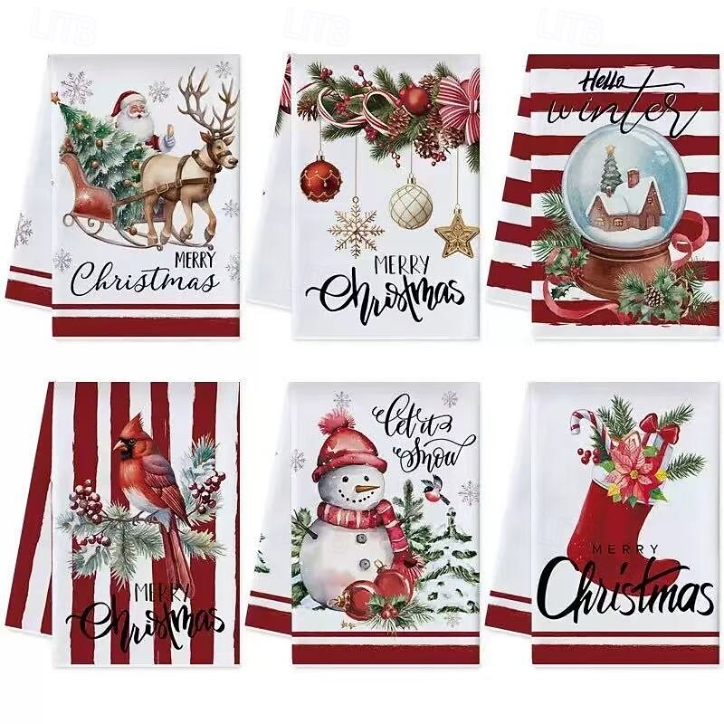 6pcs Christmas Kitchen Towels – Ultra-Soft, Absorbent Tea Towels with Snowman and Reindeer Designs – Vintage Cartoon Holiday Decor for Kitchen and Bathroom, Festive Gift Set