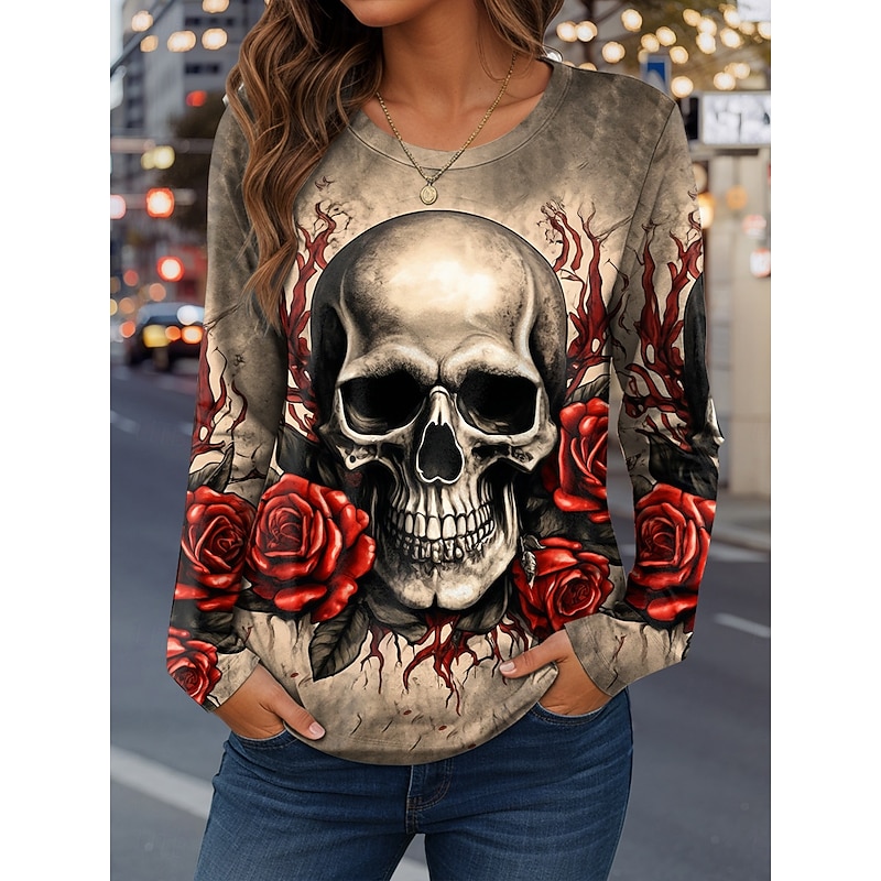 Halloween Women's T Shirt Skulls Floral Graphic Vintage Fashion Casual Long Sleeve Crew Neck Regular Tops Daily Weekend Print Pink Red Blue Khaki Spring Fall4