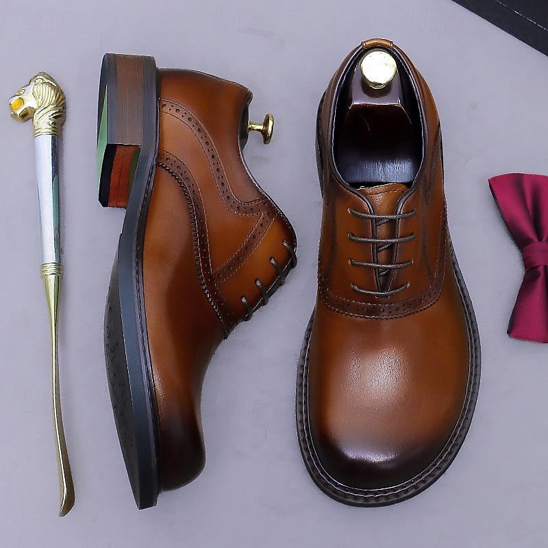 Men's Genuine Leather Oxford Dress Shoes- First Layer Cowhide Classic Brogue Design, Lace-Up Formal Business Shoes for Office, Weddings, and Professional Attire3