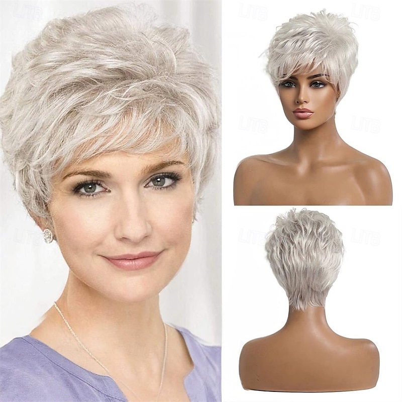 Short Silver Grey Hair Wigs for Women Blend Pixie Cut Wig With BangNatural Daily Use Hair