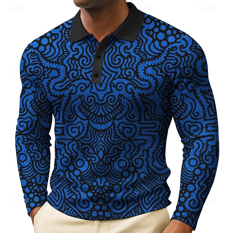 Men's Graphic Waffle Polo Shirts Long Sleeve Polo Shirts Collared Shirts Vintage Casual Daily Wear Buttons Spring Fall Winter Black Red Blue