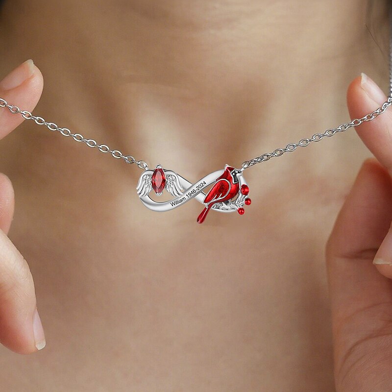 Personalized Angel Wing Cardinal Memorial Necklace, Custom Text and Birthstone Infinity Symbol Pendant, Personalized Keepsake Jewelry, Gift for Christmas, Thanksgiving, Birthday