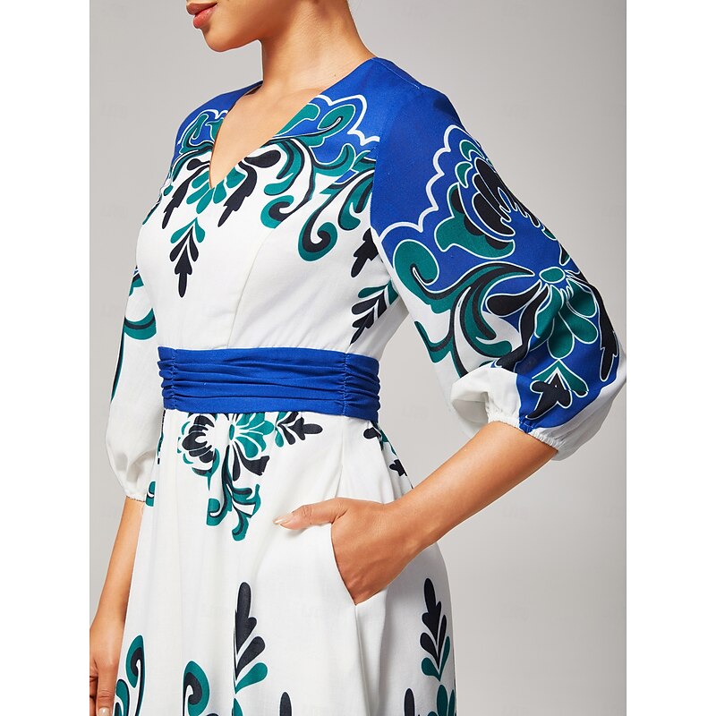 Women's Bold Multicolor Print Faux Cotton Linen Teal Tea Dress Elegant Stylish Friend Gatherings Afternoon Tea Fall2