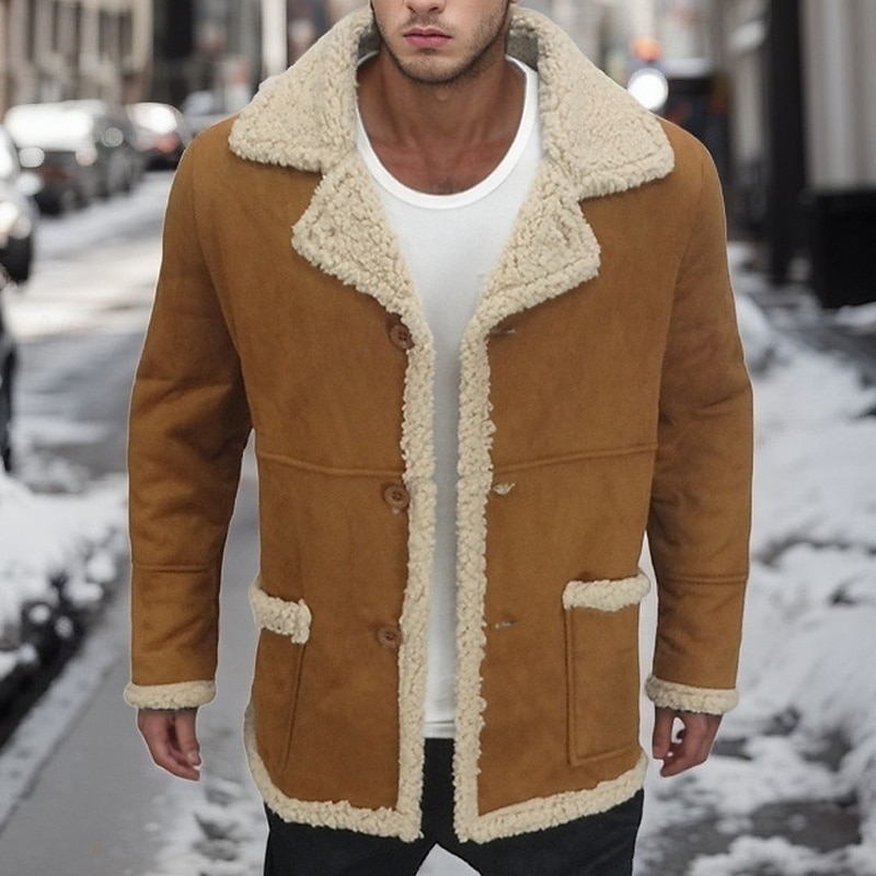 Men's Winter Jacket Sherpa Jacket Vacation Daily Thermal Warm Pocket Fleece Winter Plain Fashion Streetwear Lapel Regular Black Yellow Red Coffee Jacket