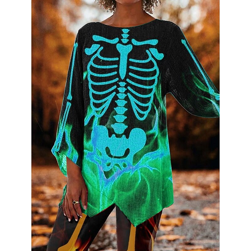 Halloween Women's Blouse Skulls Graphic Vintage Stylish Casual 3/4 Length Sleeve Crew Neck Regular Tops Daily Print White Yellow Pink Blue Orange Spring Fall2