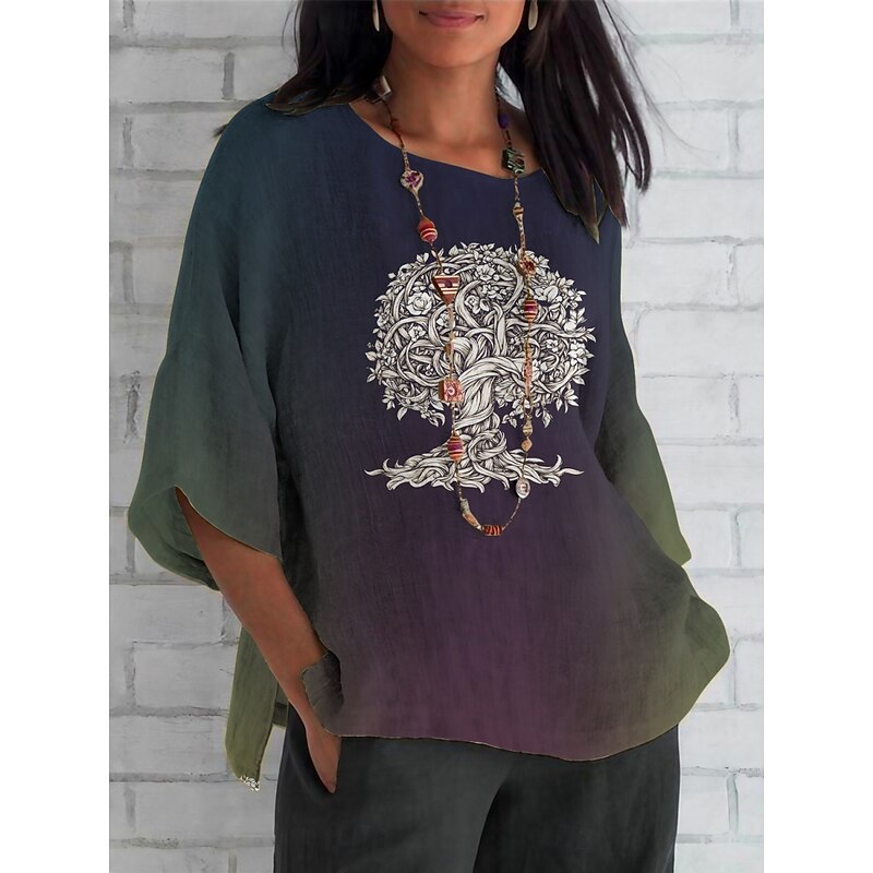 Women's Shirt Tree Color Gradient Daily Casual 3/4 Length Sleeve Crew Neck Regular Tops Daily Holiday Print White Purple Green Khaki Summer Spring Fall2
