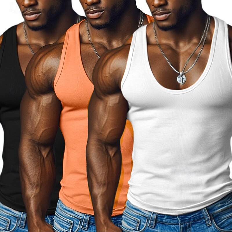 3 PACK Men's Tank Top Undershirt Sleeveless Shirt Wife Beater Shirt Sleeveless Round Neck Deep U Scoop Neck Summer Solid Color Pit Strip Fashion Designer Sporty Ribbed Plain Outdoor Casual Tank Tops4