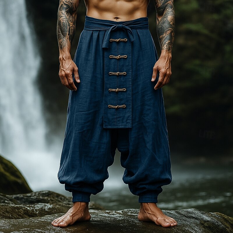 Men's Linen Pants Trousers Summer Pants Baggy Pants Drawstring Elastic Waist Buttons Plain Comfort Breathable Full Length Outdoor Yoga Casual Vacation Designer Red Navy Blue Inelastic