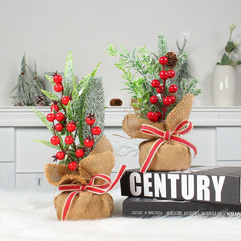 Christmas Mini Tree Tabletop Desktop Artificial Christmas Tree Xmas Decor Burlap Wrapped Pine Needle Red Berry Mini Holiday Tree for Festive Home Party Tabletop Decoration Accessory3