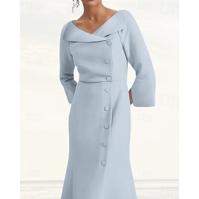 Tuxedo Dress Portrait Collar Mermaid / Trumpet Formal Satin Crepe Elegant Simple 3/4 Sleeve Pleated Tea Length V Neck3