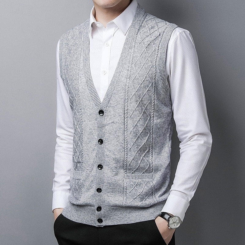 Men's Sweater Dress Sweater Cardigan Sweater Knit Sweater Ribbed Knit Regular Tops Knitted Ribbed Plain V Neck Fashion Shawls Casual Daily Wear Clothing Apparel Fall Winter Burgundy Light Grey M L XL - Main Image