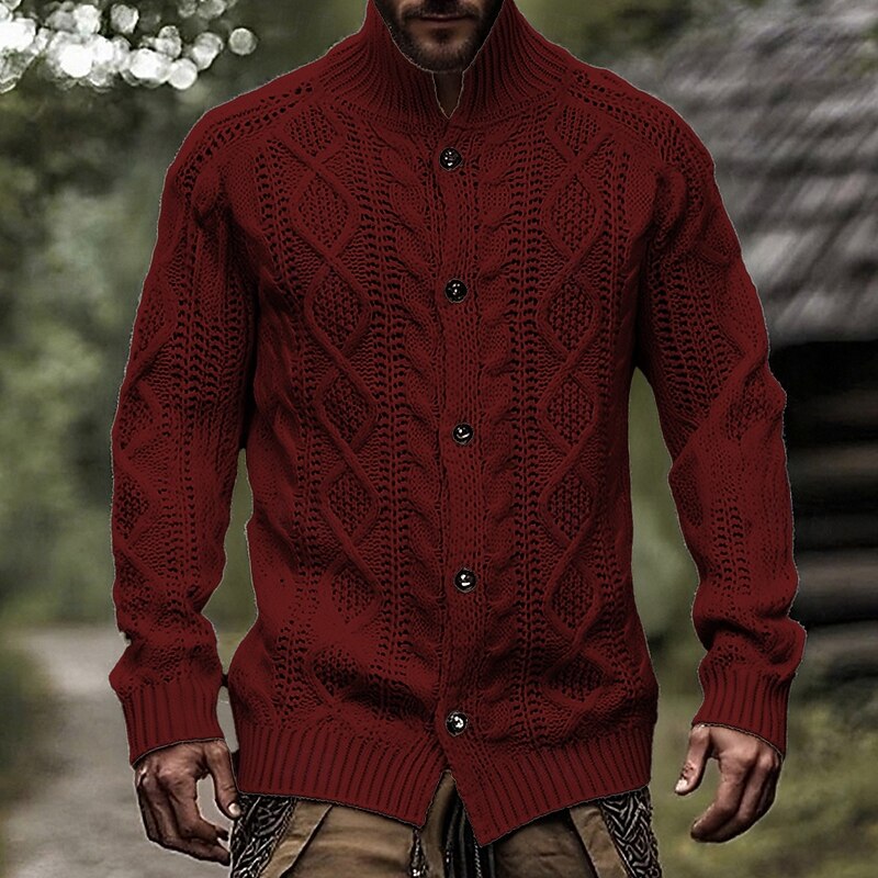 Men's Cardigan Sweater Cardigan Chunky Cardigan Cardigan Jacket Ribbed Crochet Knit Regular Tops Basic Solid / Plain Color Standing Collar Fashion Classic Vacation Daily Wear Clothing Apparel Fall3