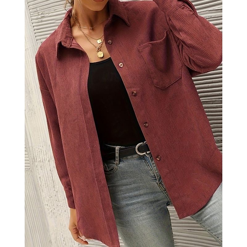Women's Shirt Jacket Shacket Comfortable Pocket Buttons Casual Plain Outdoor Vacation Going out Weekend Single Breasted Regular Turndown Regular Fit Long Sleeve Outerwear Black Pink Wine Fall Winter2