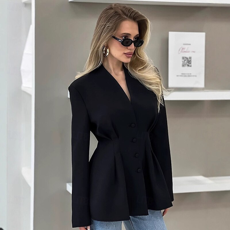 Women's Blazer Comfortable Ruched Patchwork Elegant Fashion Glamorous & Dramatic Lady Solid Color School Formal Office Party / Evening Single Breasted Regular V Neck Regular Fit Long Sleeve Outerwear4