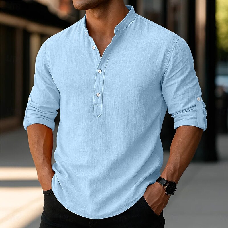 Men's Linen Shirt Popover Shirt Casual Shirt Beach Shirt Band Collar Shirt Plain Vacation Hawaiian Black White Pink Orange Long Sleeve Henley Spring & Summer Clothing Apparel Roll up Sleeves4